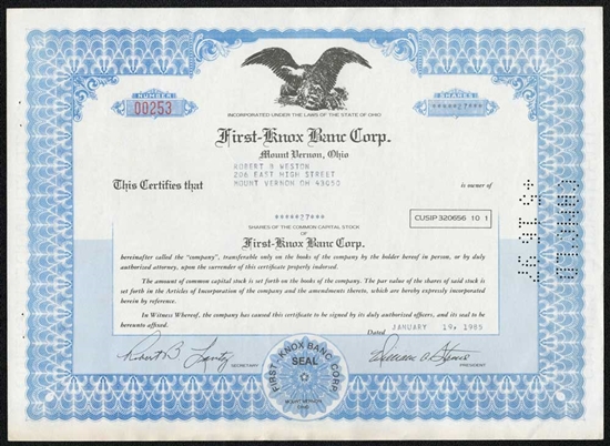 First Knox Banc Corp. Stock Certificate