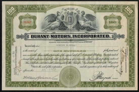 1931 Durant Motors Incorporated Stock Certificate