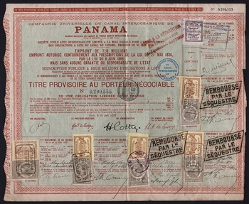 1888 French Panama Canal Bond Certificate