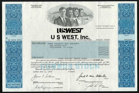 USWEST Inc. Stock Certificate