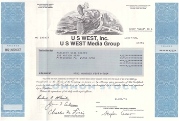US WEST Inc. US West Media Group Stock Certificate
