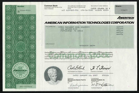 American Information Technologies Corp. (Ameritech) Stock Certificate