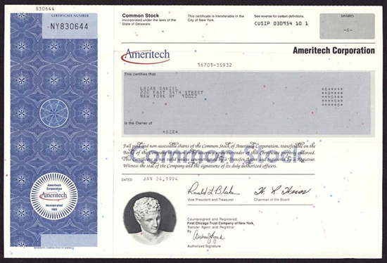 Ameritech Corporation Stock Certificate