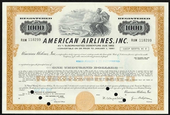 American Airlines Inc. $1000 Bond Certificate - 1970s
