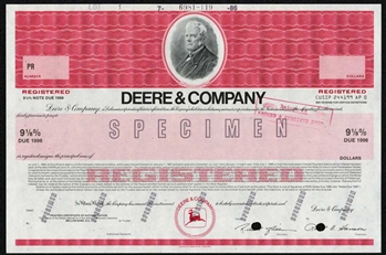 John Deere Bond Certificate - Specimen 1986
