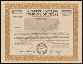 Dr Pepper Stock Certificate - Specimen