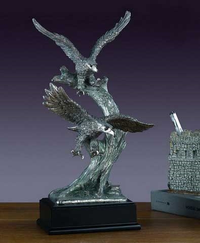 13" Two Flying Eagles Pewter Finish Statue - Sculpture
