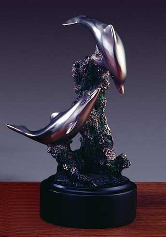 Two Silver Dolphins Figurine - 7"