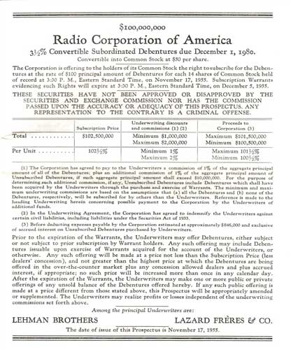 1955 RCA Corp IPO Bond Prospectus