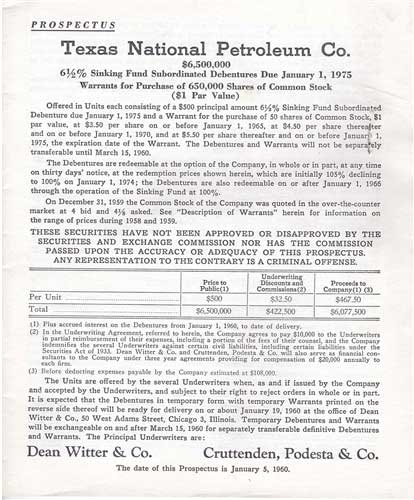 1960 Texas National Petroleum Bond Prospectus