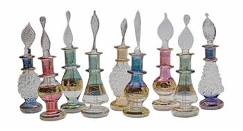 Kemet Art LOT / Set of 12 Mouth Blown Egyptian Perfume Bottles Pyrex Glass