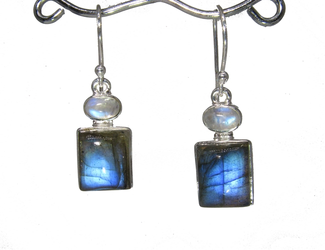 labradorite square cabochons with oval rainbow moonstone tops drop earrings sterling silver 1-1/4"