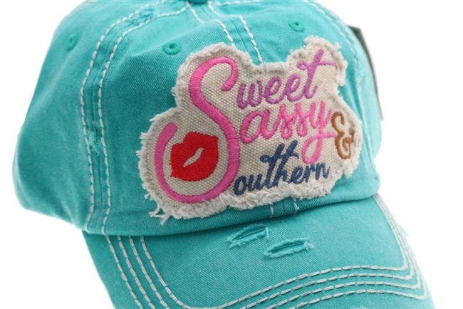 Teal ponytail cap says, sweet sassy & southern