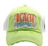 ponytail cap says beach please lime hat with word beach in orange and please in blue mesh back