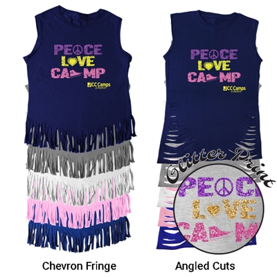 JCC CAMPS <u><b>At Medford</b></u> PEACE, LOVE, CAMP FRINGE CUT TEE