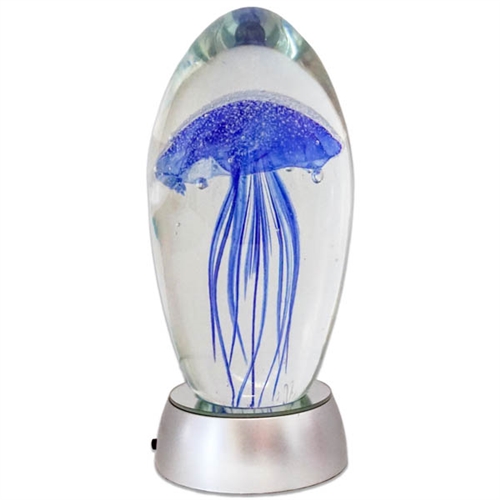 JF-L6-BL-RGB - Large 6" Blue Glass Jellyfish Paperweight with RGB Color Changing LED Light Stand Base