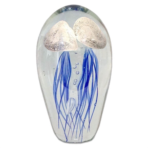 JF-L6-BW2 - Large 6" Glass Double Blue with White Top Jellyfish Paperweight