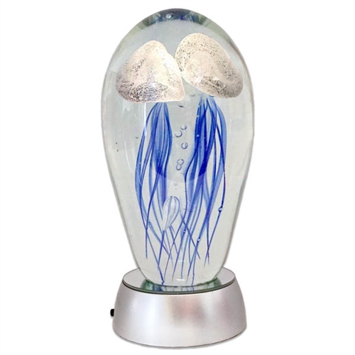 JF-L6-BW2-RGB - Large 6" Glass Jellyfish Paperweight with RGB Color Changing LED Light Stand Base