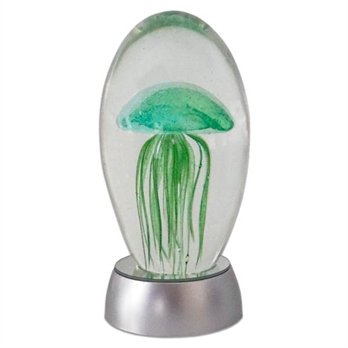JF-L6-GR-RGB - Large 6" Green Glass Jellyfish Paperweight with RGB Color Changing LED Light Stand Base