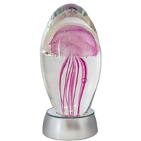 JF-L6-PK-WHT - Large 6" Pink Glass Jellyfish Paperweight with White LED Light Stand Base