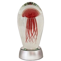 JF-L6-RD-WHT - Large 6" Red Glass Jellyfish Paperweight with White LED Light Stand Base