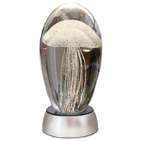 JF-L6-WH-WHT - Large 6" White Glass Jellyfish Paperweight with White LED Light Stand Base