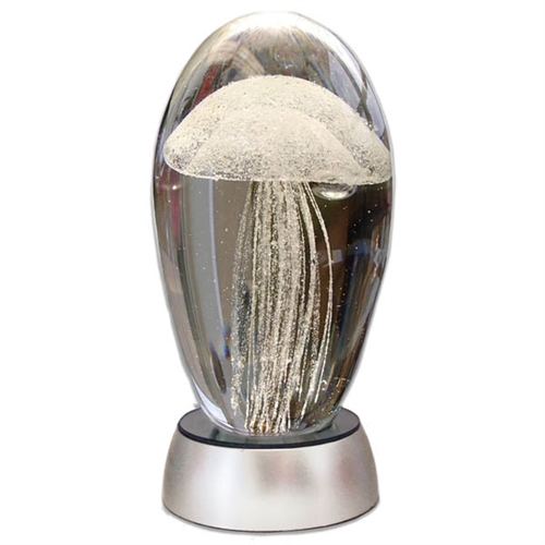 JF-L6-WH-WHT - Large 6" White Glass Jellyfish Paperweight with White LED Light Stand Base