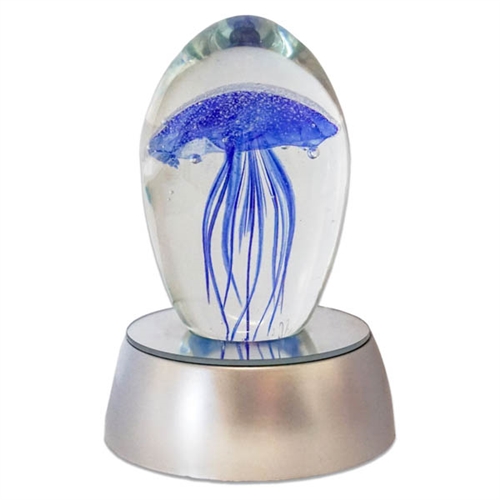 JF-S3-BL-WHT - Large 6" Blue Glass Jellyfish Paperweight with White LED Light Stand Base