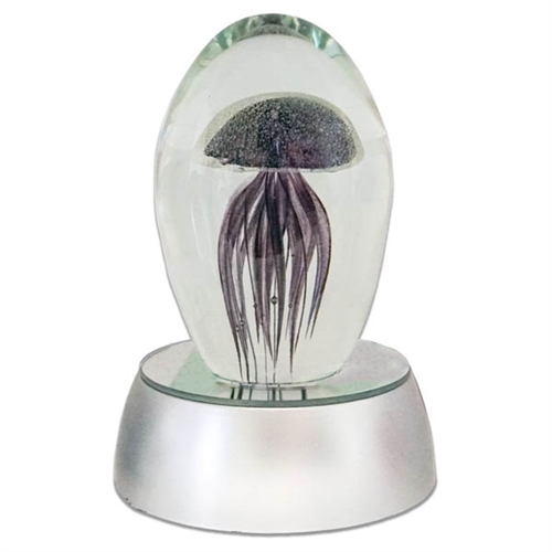 JF-S3-DP-WHT - Small 3" Deep Purple Glass Jellyfish Paperweight with White LED Light Stand Base