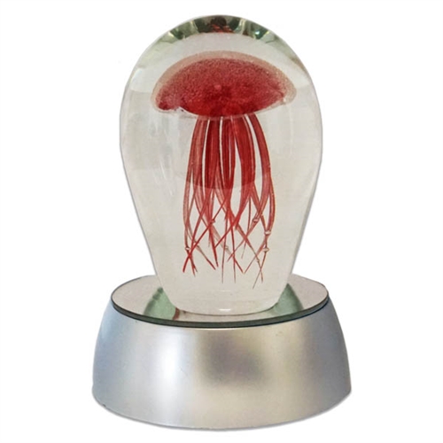 JF-S3-RD-WHT - Small 3" Red Glass Jellyfish Paperweight with White LED Light Stand Base