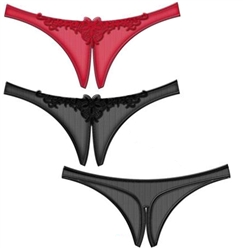 Wholesale Mesh crotchless thong with embroidered applique