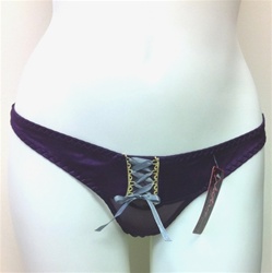 Wholesale Shiny satin and mesh thong with lace-up front and cinch back
