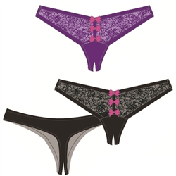 Wholesale Microfiber crotchless thong with lace front and bow detail