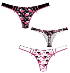 Wholesale Hearts printed Microfiber thong with narrow lace trim and bows