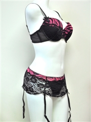 Zebra print mesh and galloon lace bra and skirted thong