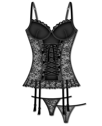 Plus size mesh and lace bustier set with lace-up front and garters