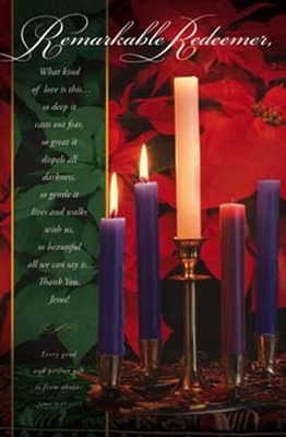 Pkg./100 Remarkable Redeemer Advent Christmas Bulletins. Large (8 1/2"x14").  Save 50%.