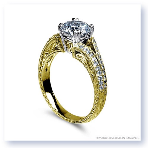 Mark Silverstein Imagines 18K Yellow Gold Hand Engraved Split Shank and Filigree and Diamond Engagement Ring