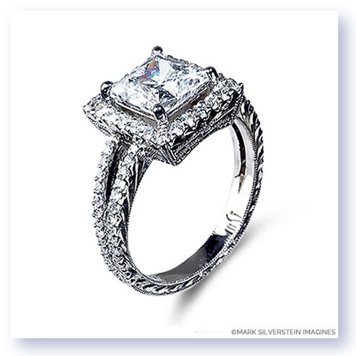 Mark Silverstein Imagines Hand Engraved 18K White Gold Square Halo Pav&#233; Diamond Engagement Ring