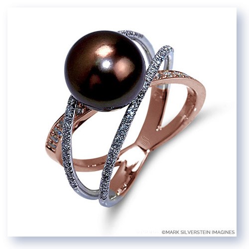 Mark Silverstein Imagines Two Tone 18K White and Rose Gold Three Strand Crossover Diamond and South Sea Pearl Ring