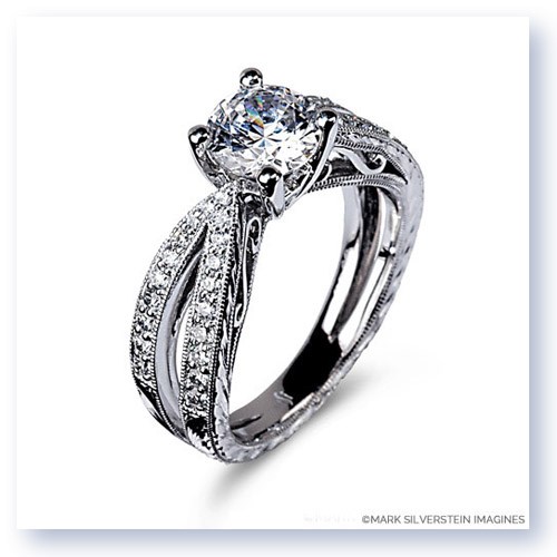 Mark Silverstein Imagines Hand Engraved 18K White Gold Split Shank Filigree Diamond Engagement Ring