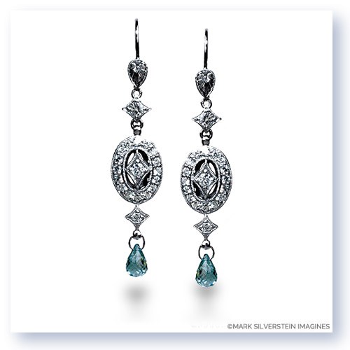 Mark Silverstein Imagines Hand Engraved 18K White Gold Aquamarine and Diamond Drop Earrings