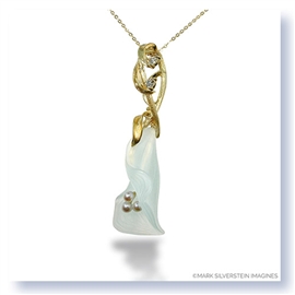 Mark Silverstein Imagines Hand Carved 18K Yellow Gold and Aquamarine Calla Lily with Diamonds and Pearl Pendant Necklace