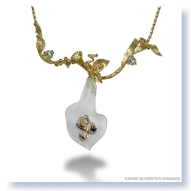 Mark Silverstein Imagines Hand Carved 18K Yellow Gold and White Quartz Calla Lily with Diamonds Pendant Necklace
