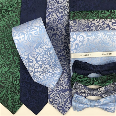 B1998 Blues & Green ZAZZI Floral Wedding Tie, Bow, Pocket Square & Face Mask