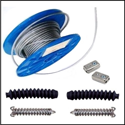 50 feet of 3/16" vinyl-coated tiller cable; (2) chrome-plated cable clamps; (2) tension springs and (2) molded rubber spring covers