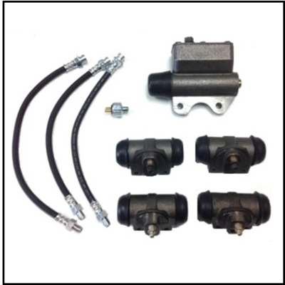 9-piece set includes the master cylinder, all (4) wheel cylinders, all (3) rubber brake hoses and a hydraulic stop light switch