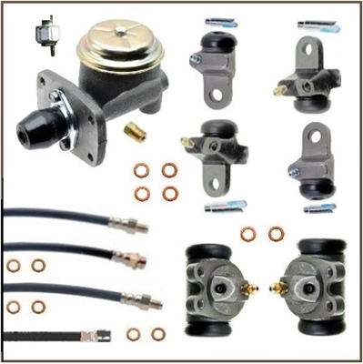 12-piece premium-quality set includes the master cylinder, all (6) wheel cylinders, all (4) rubber brake hoses and a hydraulic stop light switch