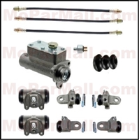11-piece brake hydraulic package includes a complete master cylinder assembly; (2) front wheel cylinder assemblies; (4) rear wheel cylinder assemblies; (3) flexible hoses and a hydraulic stop light switch