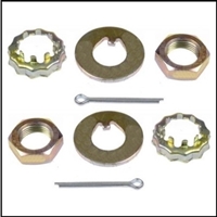 Front axle spindle nut, thrust washer, retainer and cotter pin for 1960-76 Plymouth Duster- Valiant - Scamp; 1964-69 Barracuda; 1961-62 Dodge Lancer and 1963-76 Dart - Demon - Sport